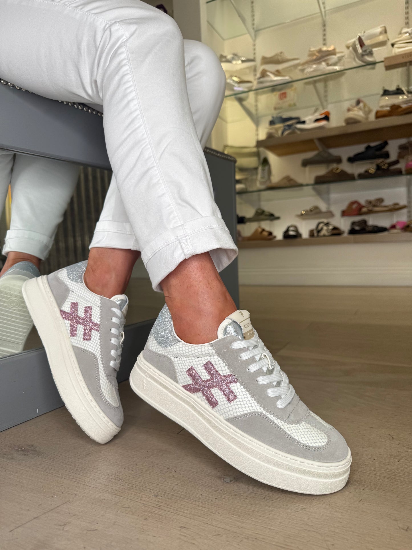 Another Trend - Grey Suede/ Snake Print Flatform Chunky Trainer With Sparkle Pink & Silver Trim