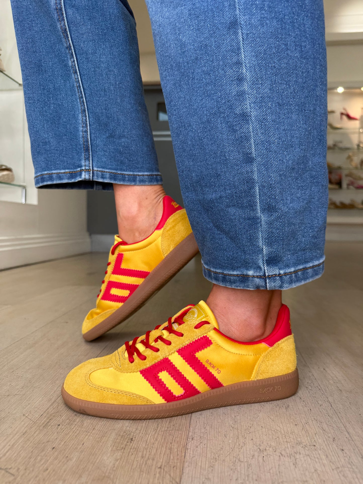 Back 70 - Yellow Satin & Suede Red Trim Trainer