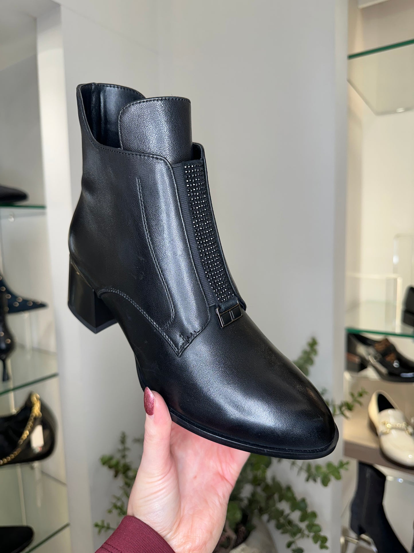 Loretta Vitale -  Black Leather Block Heel Boot With Front Stone Trim