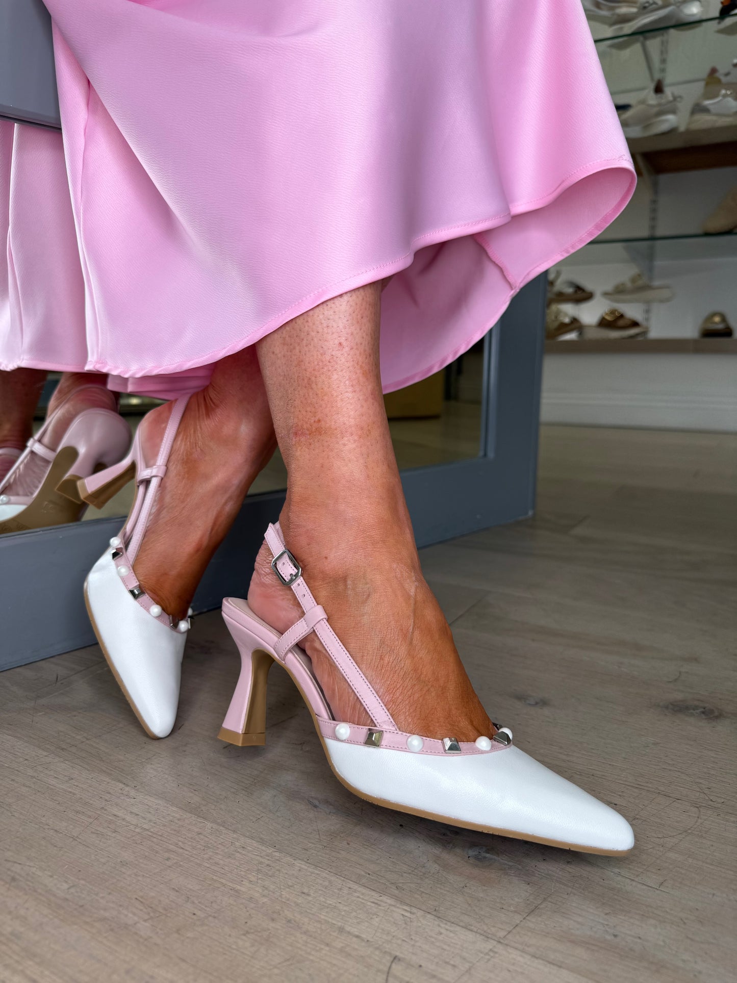 Lodi - White/ Pink Slingback Court Shoe With Pearl & Silver Stud Trim