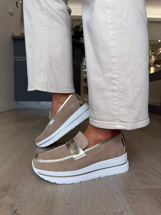 Marco Moreo - Arianna Camel Suede With Soft Gold Trim Slip On Wedge Shoe