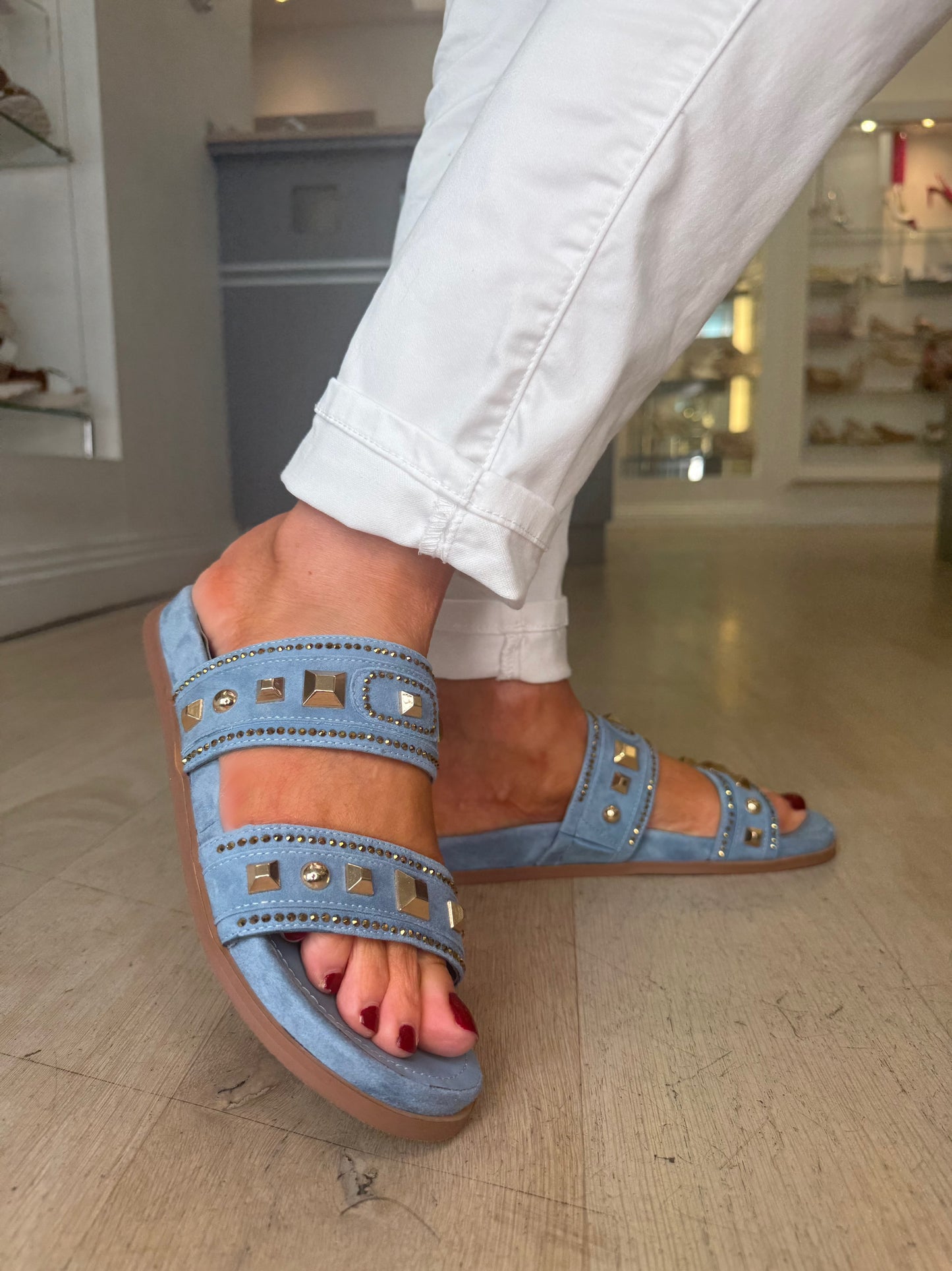 Lodi - Jean Suede 2 Strap Slider With Gold Stud Trim