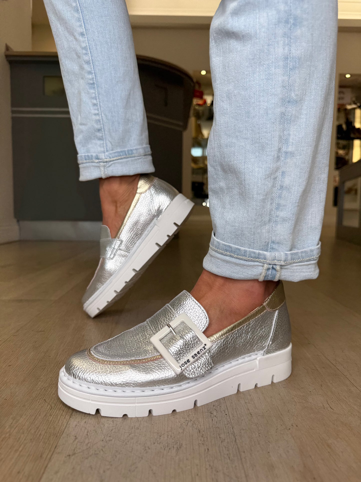 Jose Saenz - Metallic Silver Slip On Shoe With Metallic Gold Trim