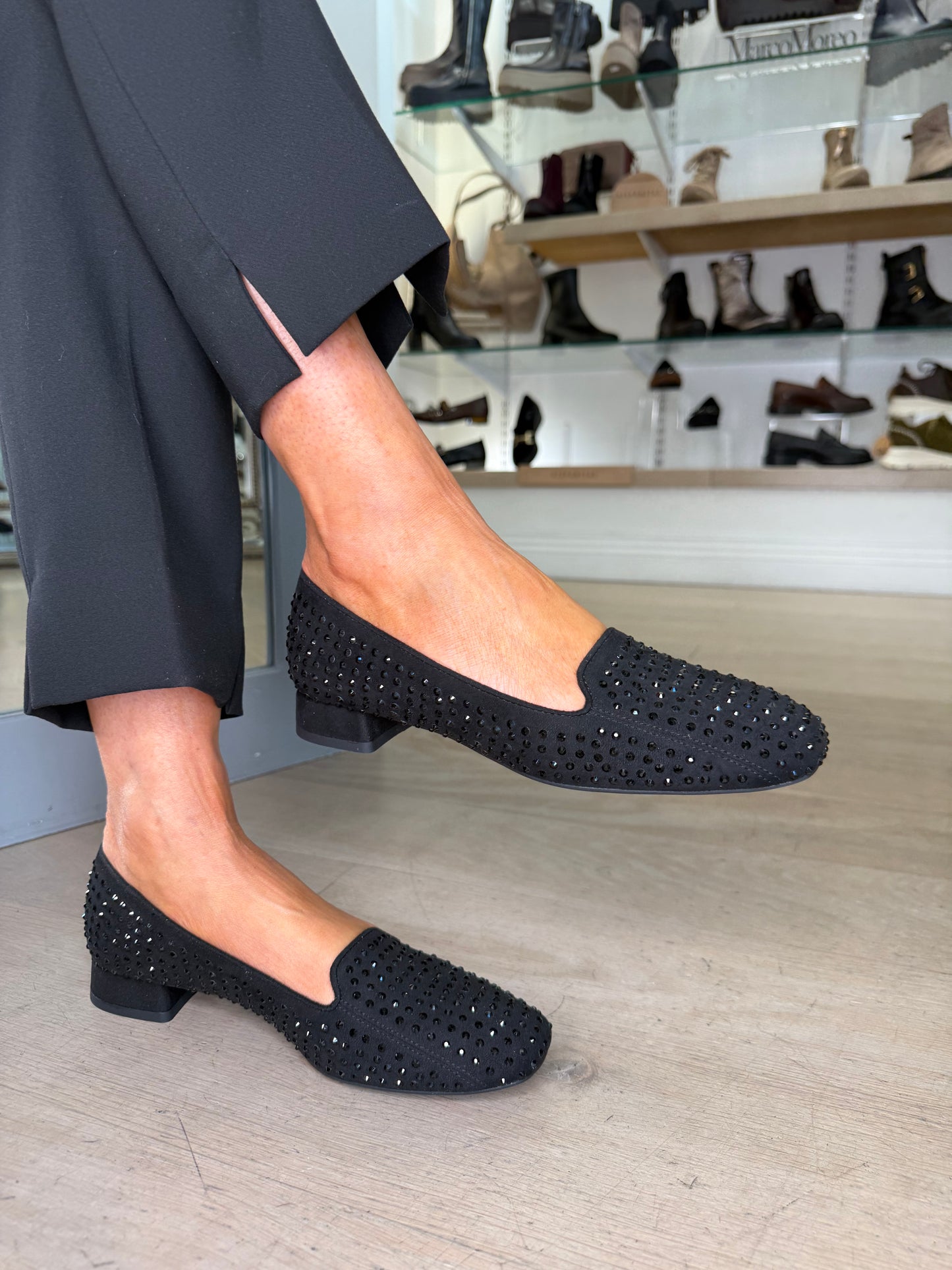 Unisa - Black Suede Jeweled Pomp Style Square Toe Shoe