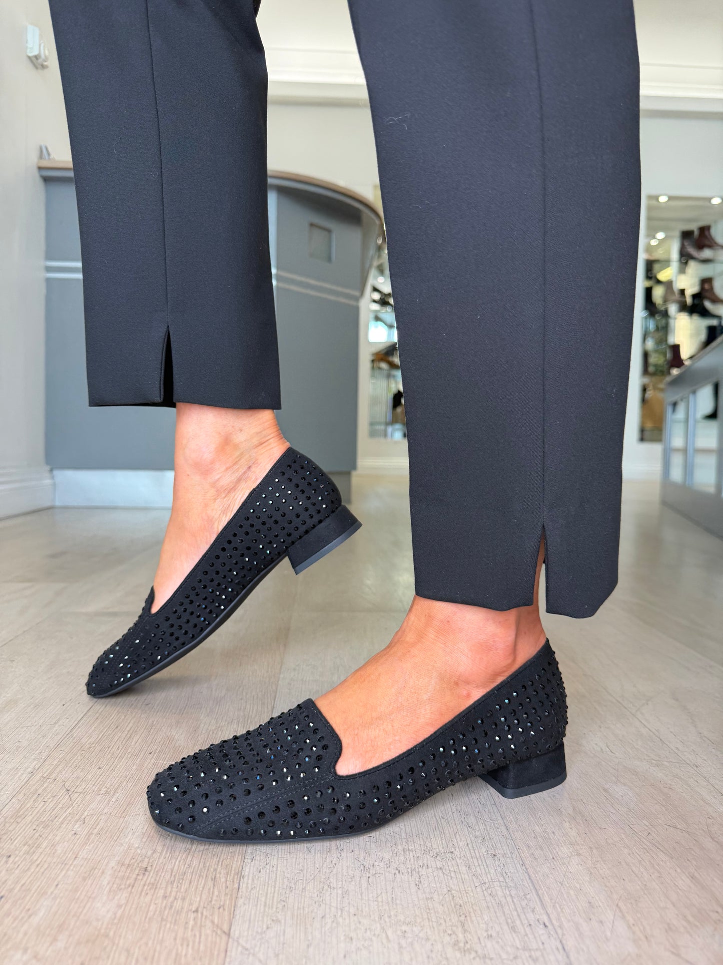 Unisa - Black Suede Jeweled Pomp Style Square Toe Shoe