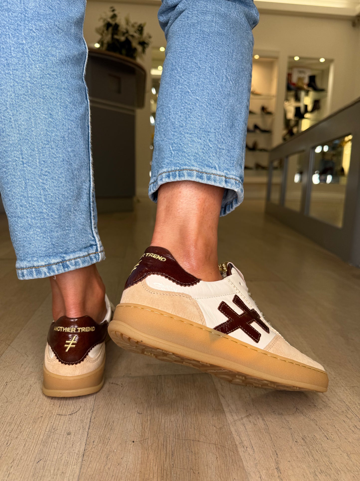 Another Trend - Beige Suede & Rich Cream Flexy Patent Trainer With Brown Trim