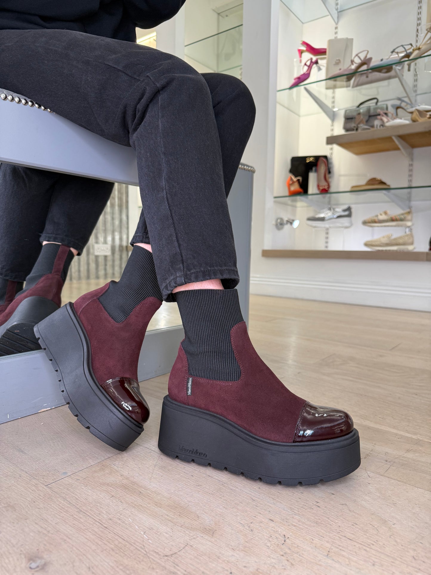 Marco Moreo - Brenda Burgundy Suede Chunky Sole Wedge Boot With Burgundy Patent Trim