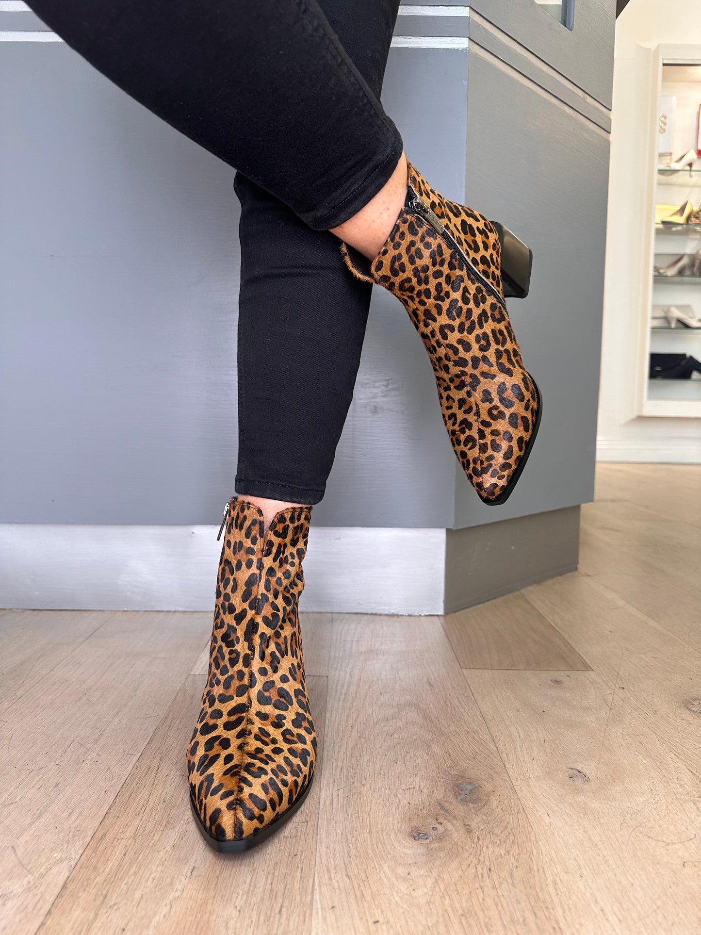 Loretta Vitale -  Leopard Print Pointy Toe Block Heel Boot