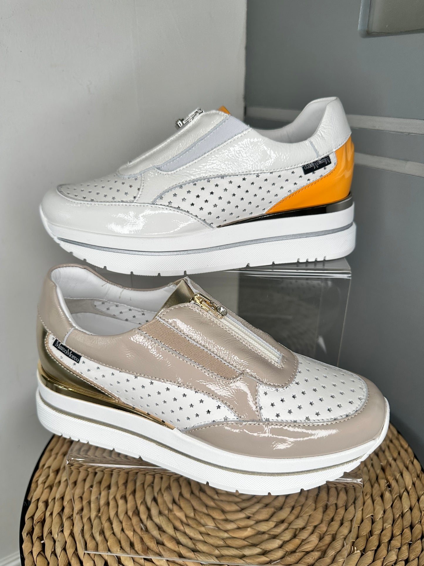 Marco Moreo - Taupe Flexy Patent & White Leather Trainer With Gold Trim