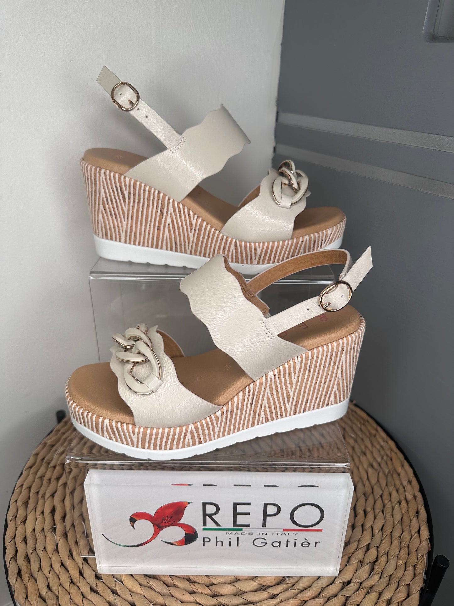 Repo -Cream Mid Heel Wedge With A Scalloped Strap & Chain Trim