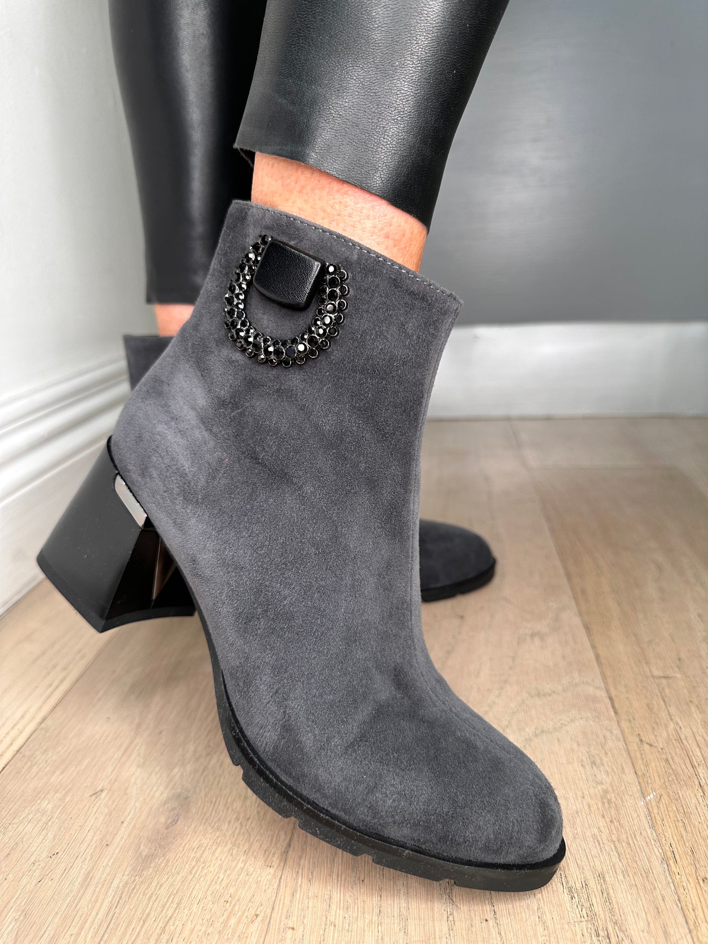 Loretta Vitale -Grey Suede Boot With Black Block Heel Boot