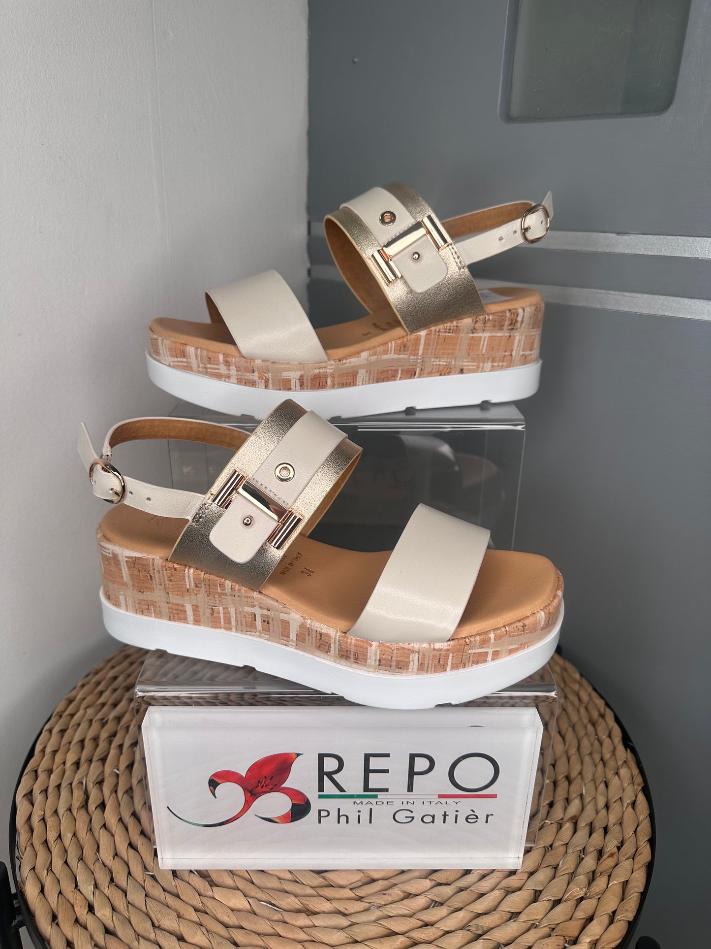 Repo - Beige/Gold Strappy Wedge Sandal