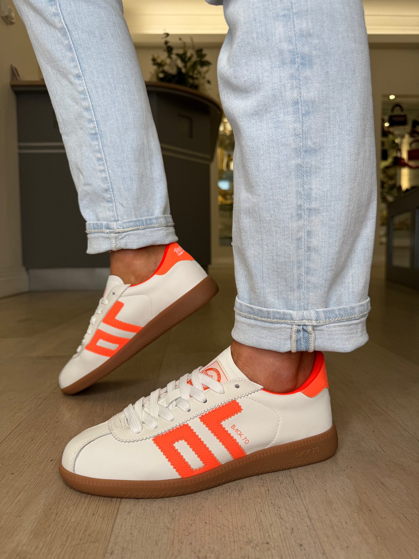 Back 70 -White Leather Trainer With Fluorescent Orange Trim