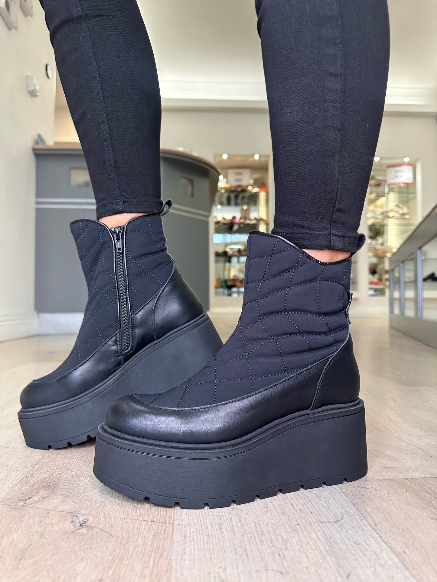 Marco Moreo - Black Padded Quilted Fabric / Leather Chunky Sole Boot