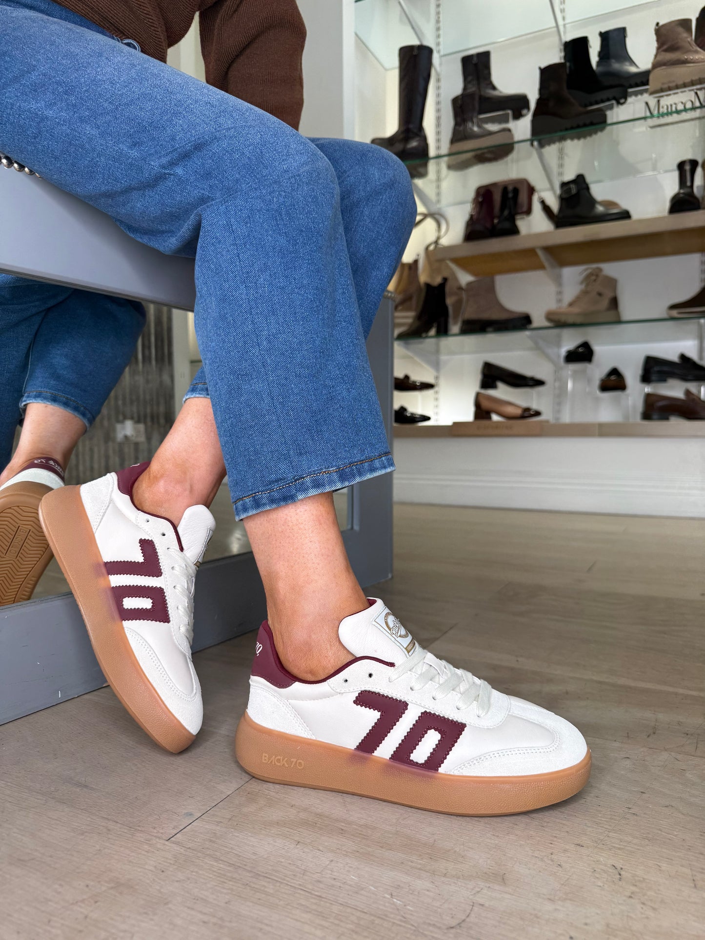 Back 70 - Cream Leather & Suede Mix Trainer With Wine Trim