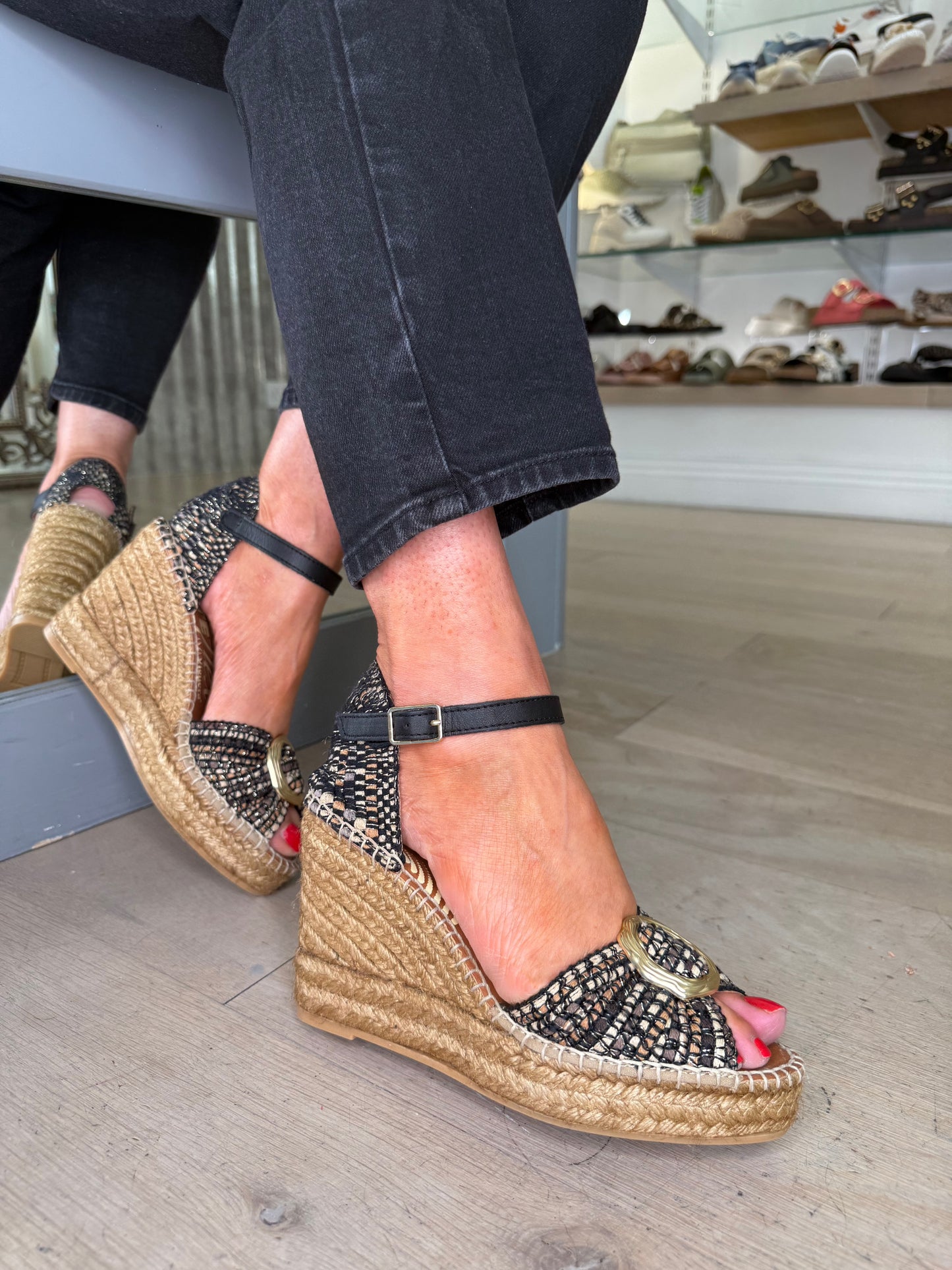 Viguera - Black Multi Coral Tweed Fabric Peep Toe Wedge