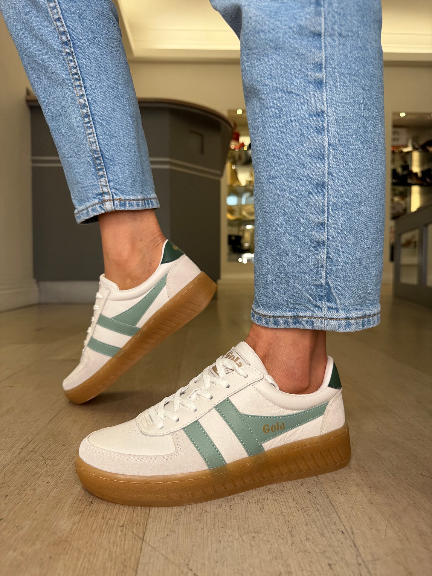 Gola - Grandslam White Leather Trainer With Green Trim