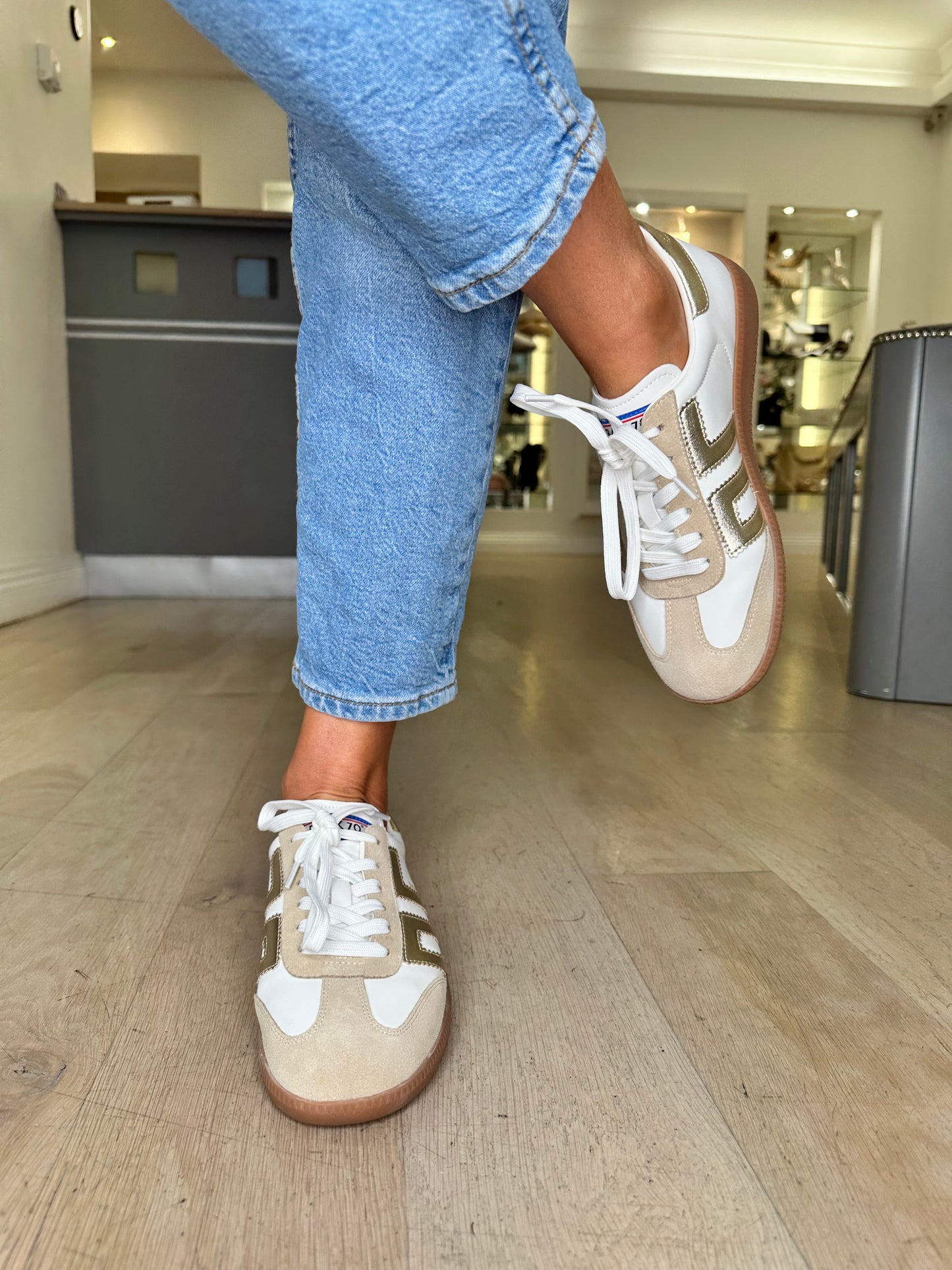 Back 70 - Cloud White / Metallic Gold Trainer With Beige Suede Trim