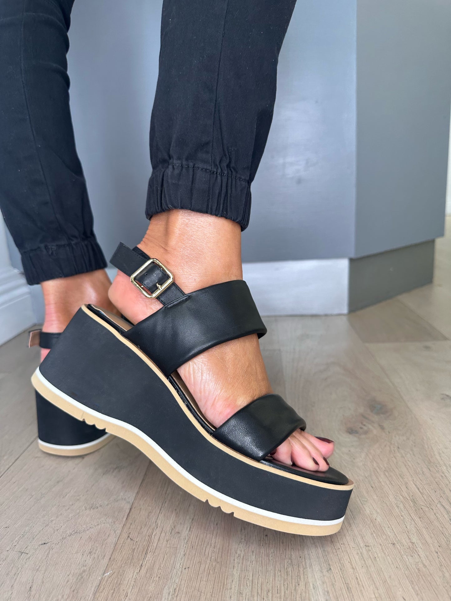 Repo -  Black 2 Strap Sporty Wedge Sandal