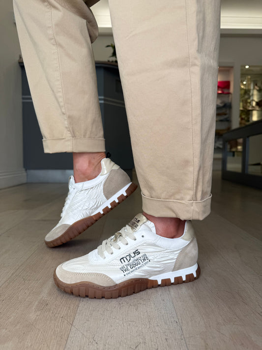 Mjus - Taupe Suede Trainer With Quilted Cream Lace Up Trainer