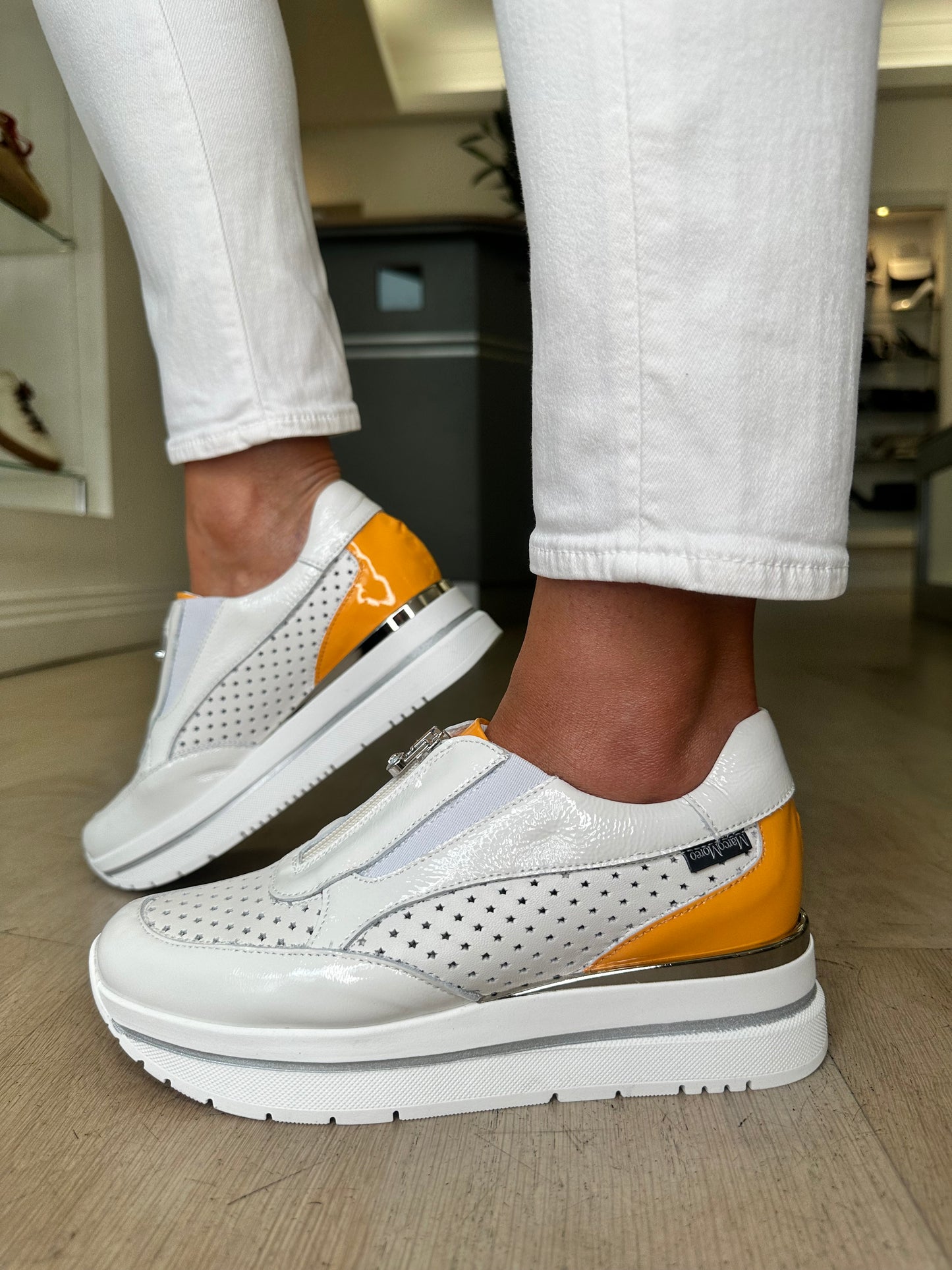 Marco Moreo - White Flexy Patent & Leather Orange Trim Trainer