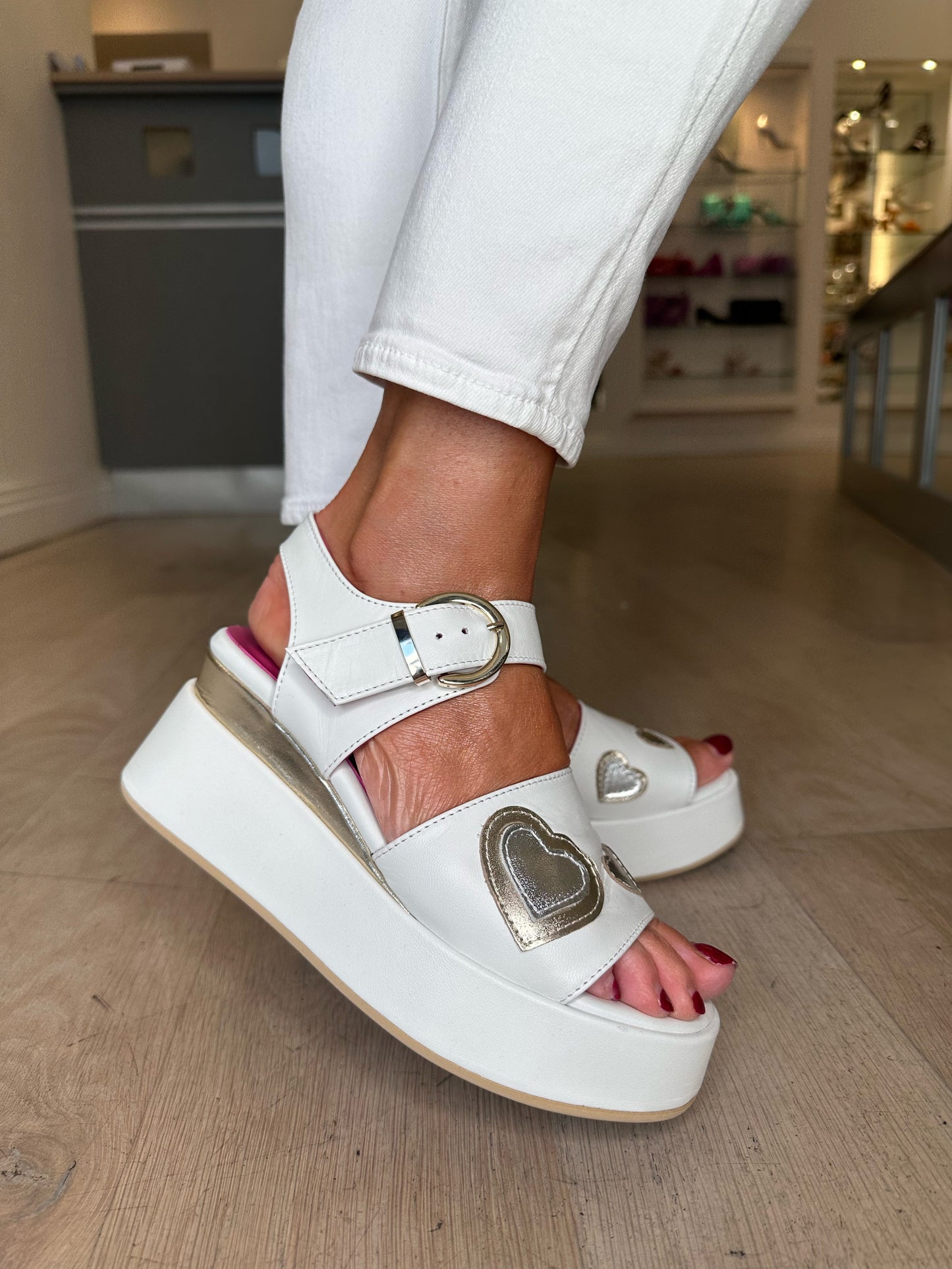 Marco Moreo - White Wedge Sandal With Gold/Silver Hearts