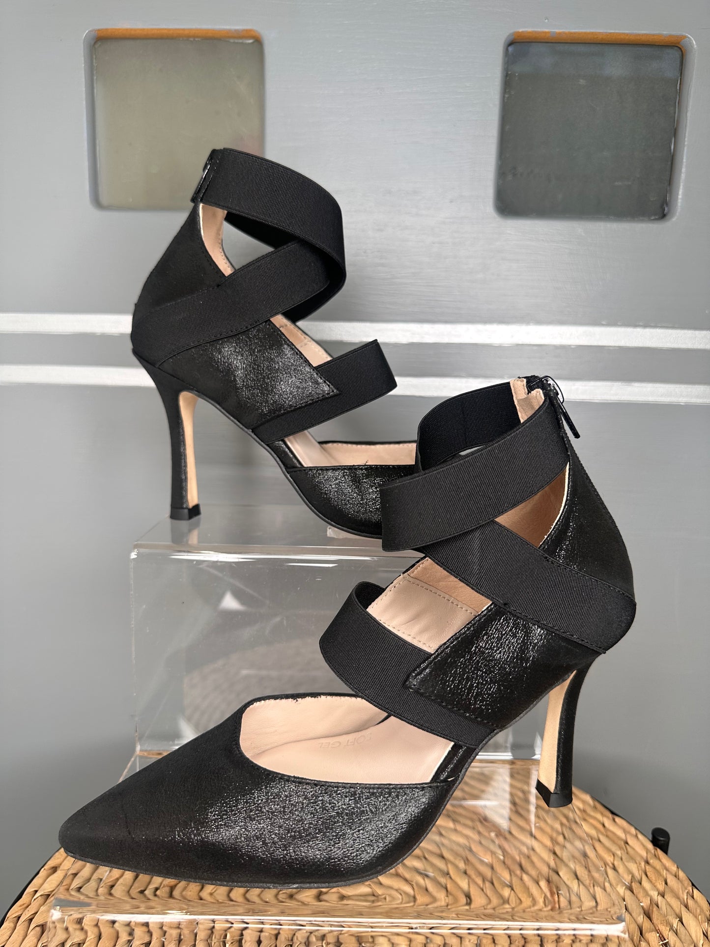 Marian - Black Strappy Shimmer Fabric Pointy Heels