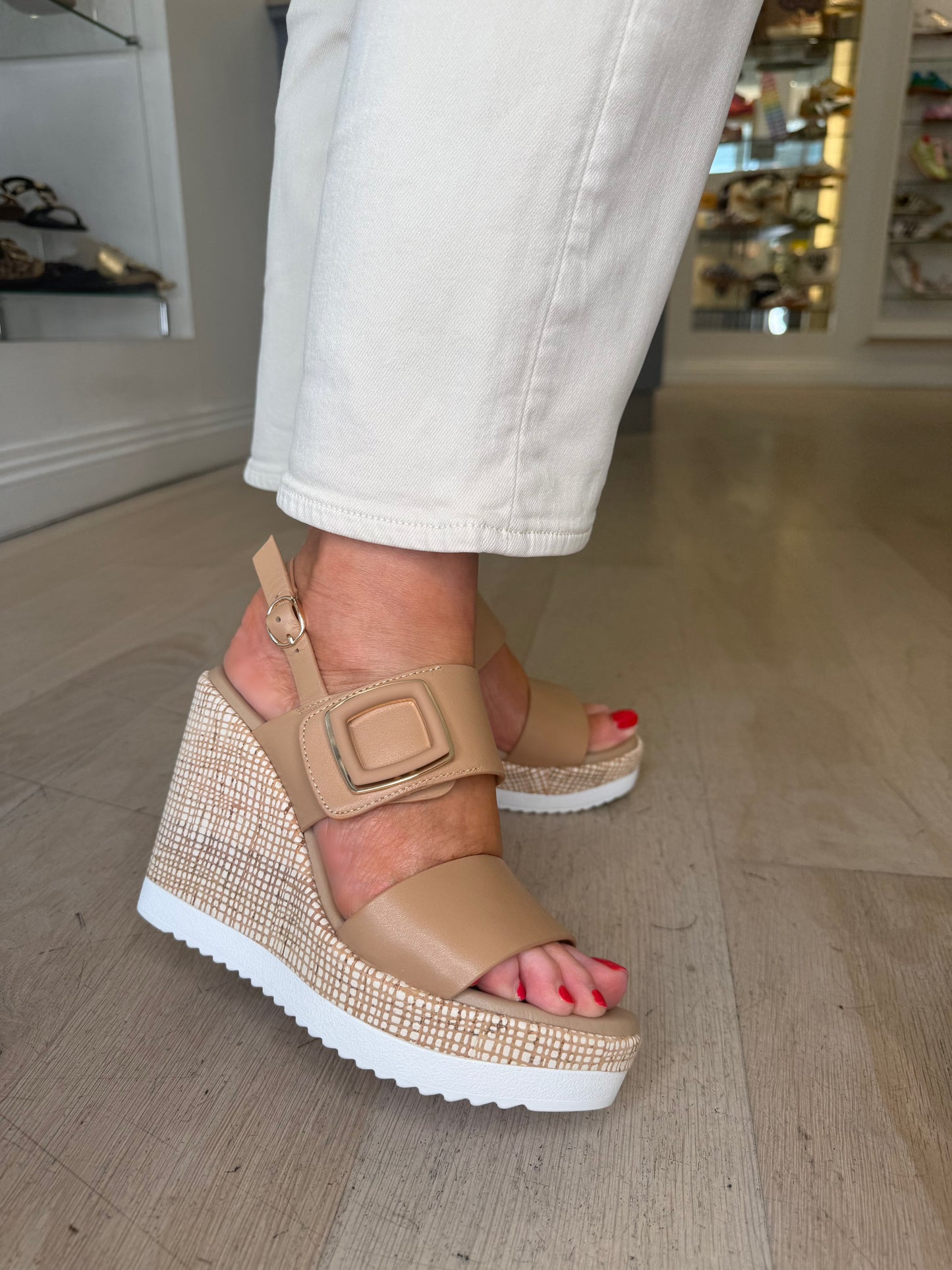 Repo - Camel Leather 2 Strap High Wedge Sandal With Velcro Strap & Platform Sole