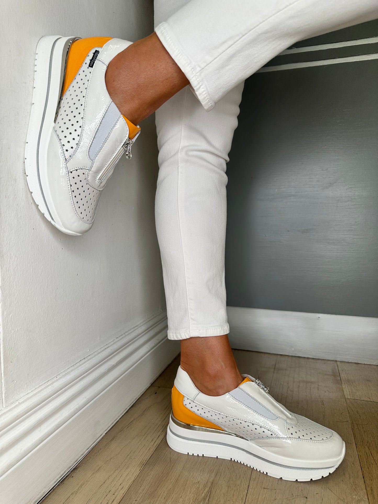 Marco Moreo - White Flexy Patent & Leather Orange Trim Trainer