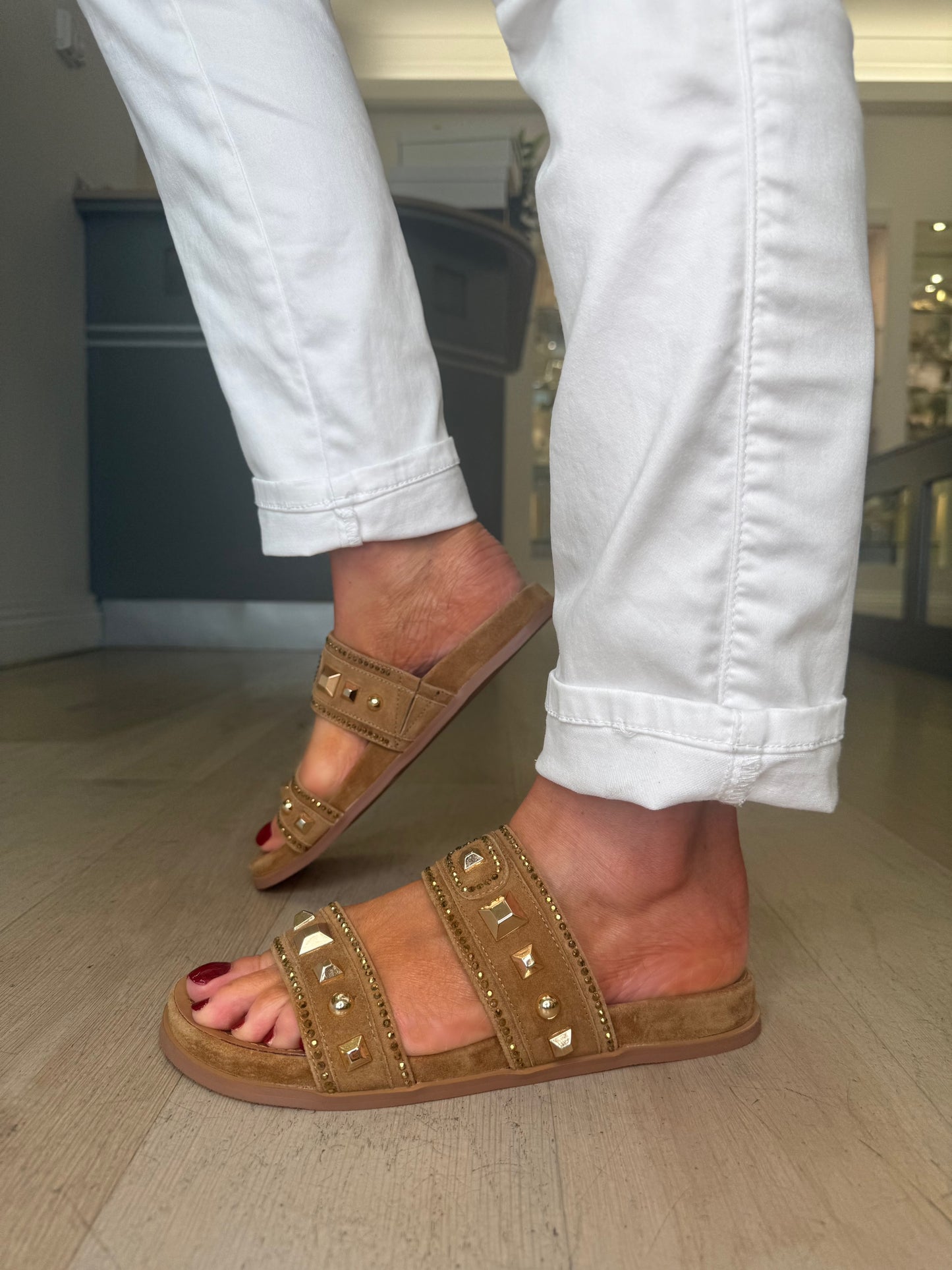 Lodi - Camel Suede 2 Strap Slider With Gold Stud Trim