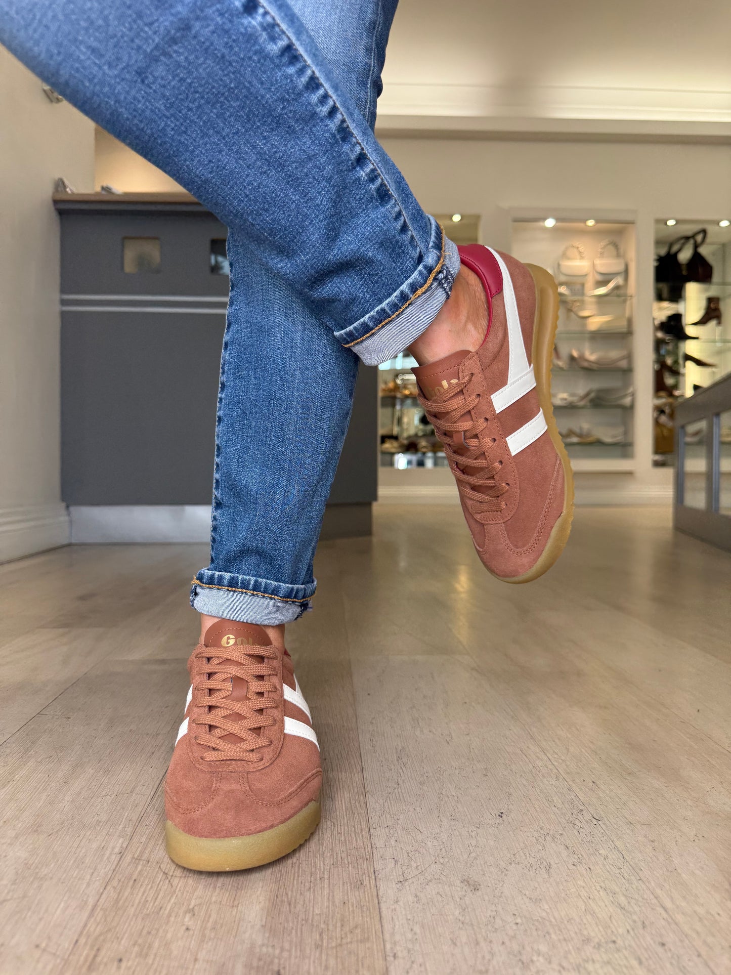 Gola -Torpedo Chestnut Suede Trainer With White & Red Trim
