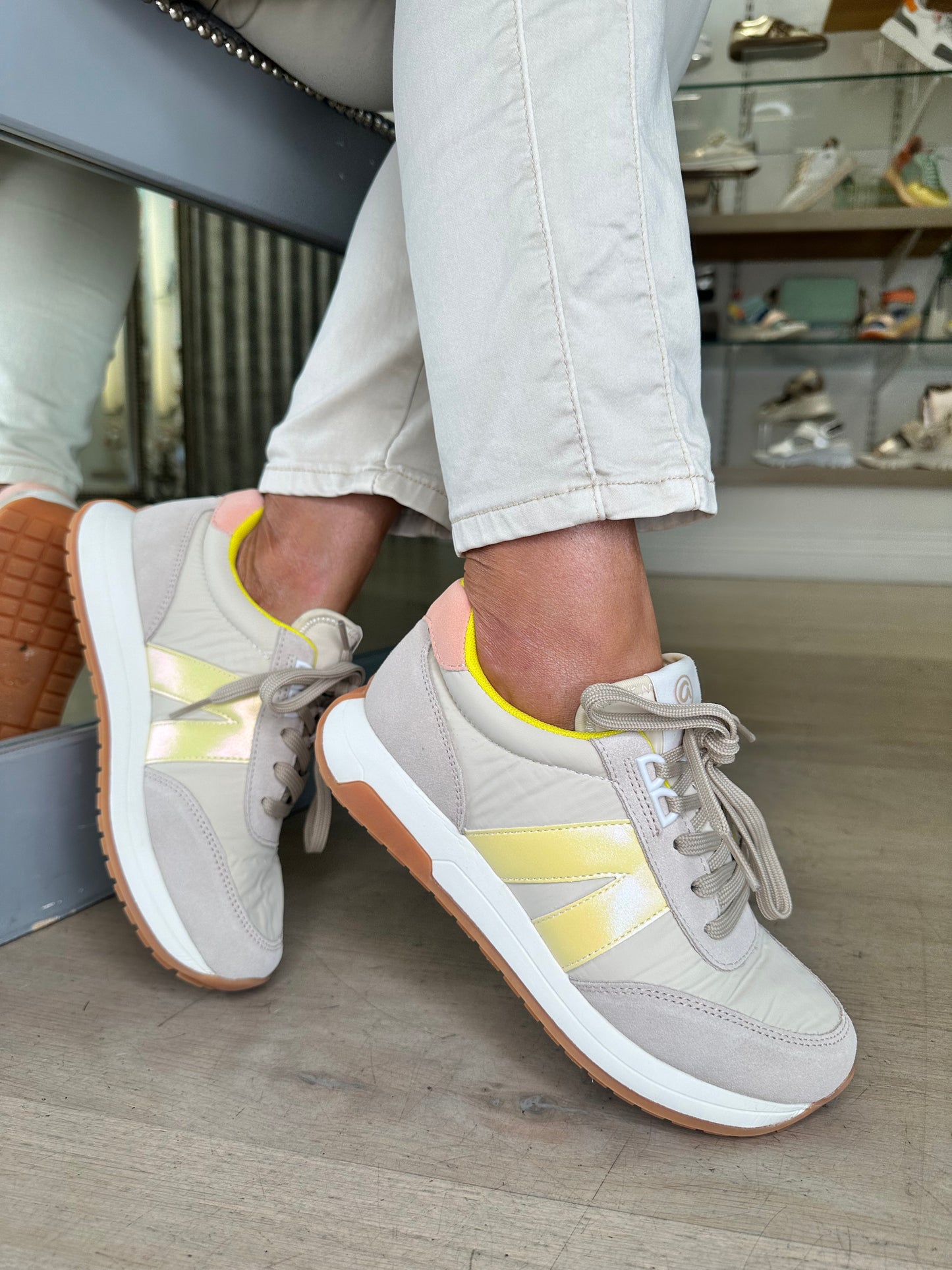 Ara - Soft Beige Canvas / Suede Trainer With Yellow Trim