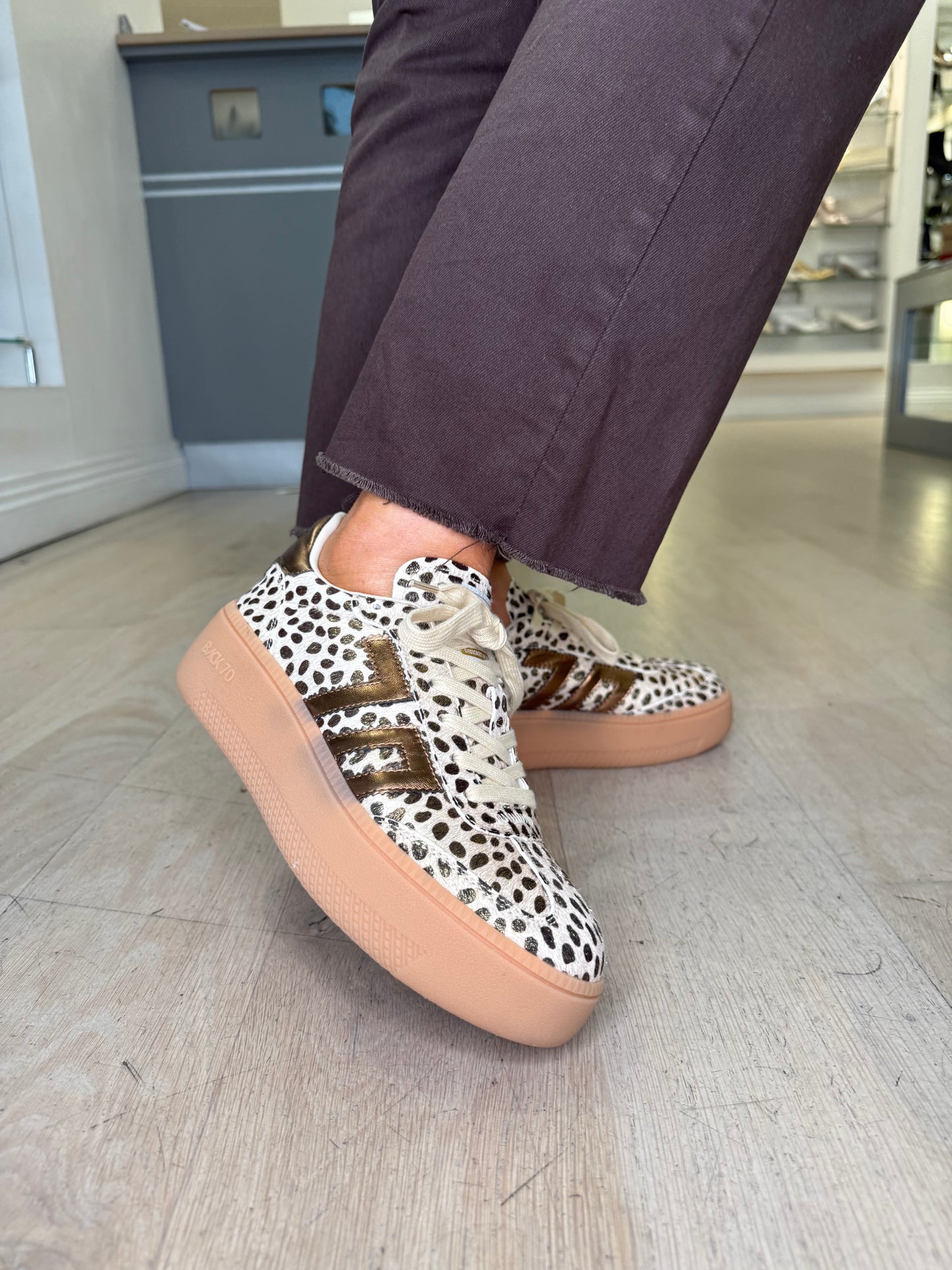 Back 70 - Cheetah Print Brown/ Bronze Mix Lace Up Flatform Trainer