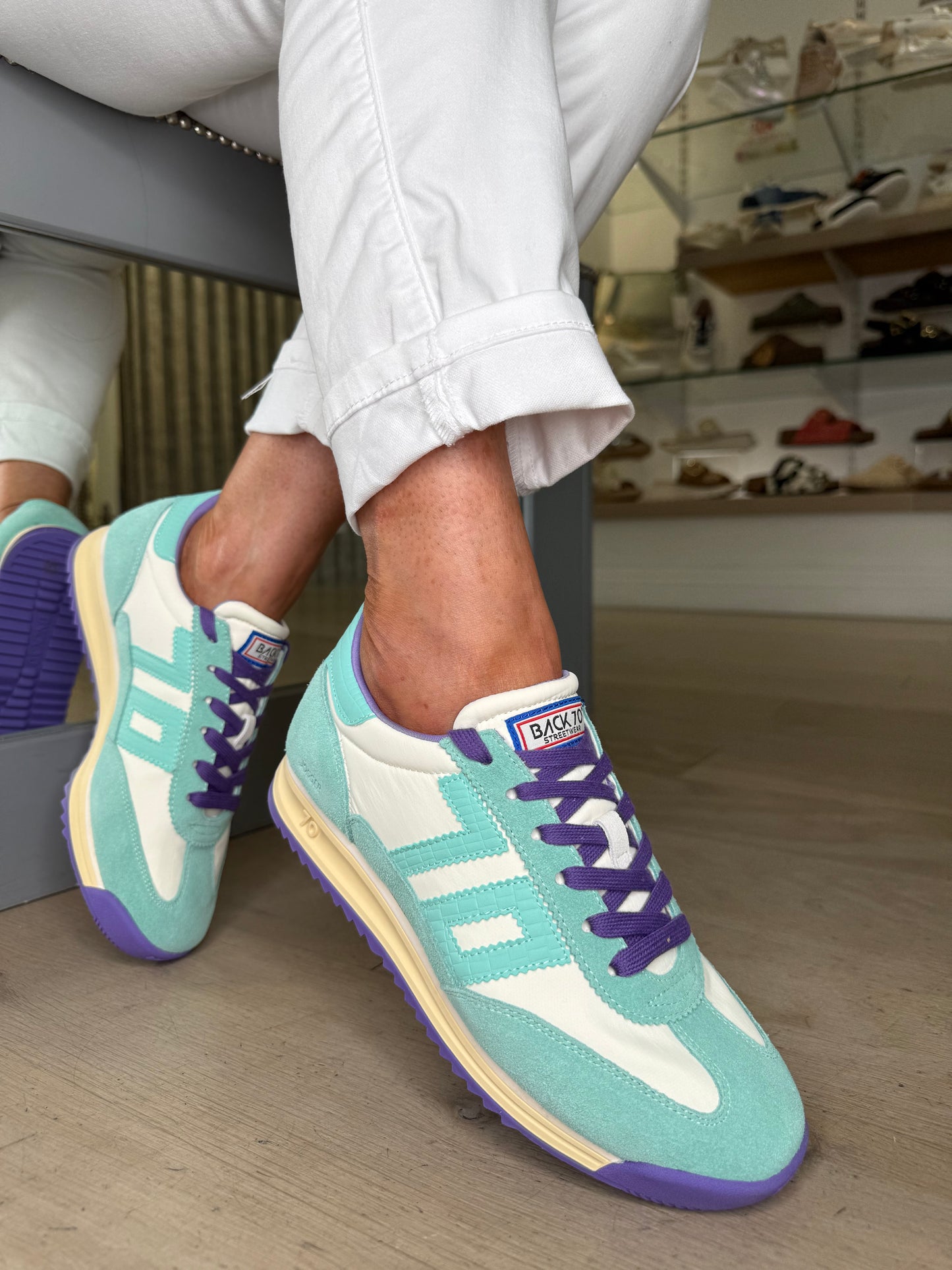Back 70 - Jogger Mint Suede Trainer With White Leather & Purple Trim