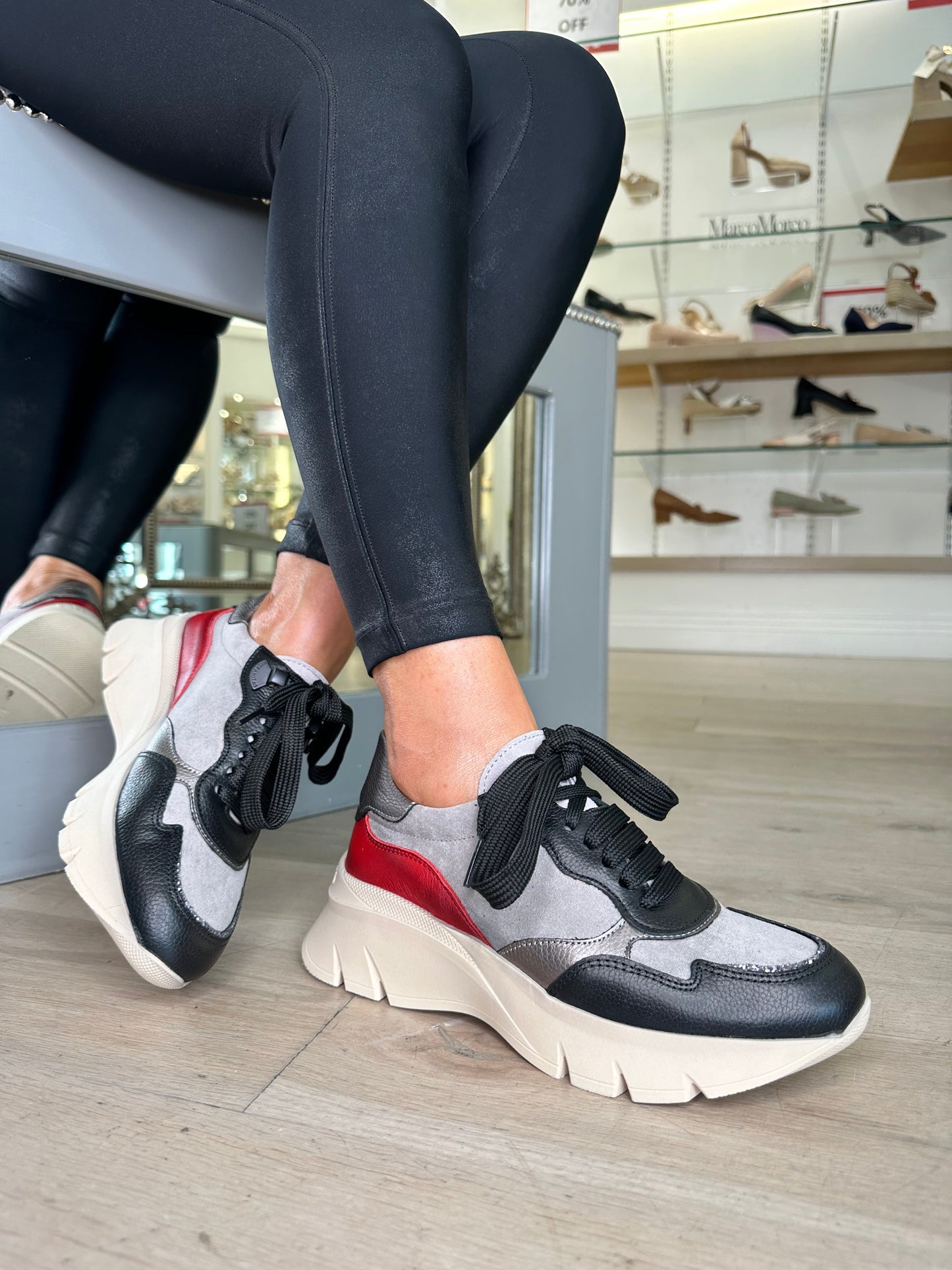 Hispanitas - Helsinki Black/Grey Lace Up Trainer With A Red Trim