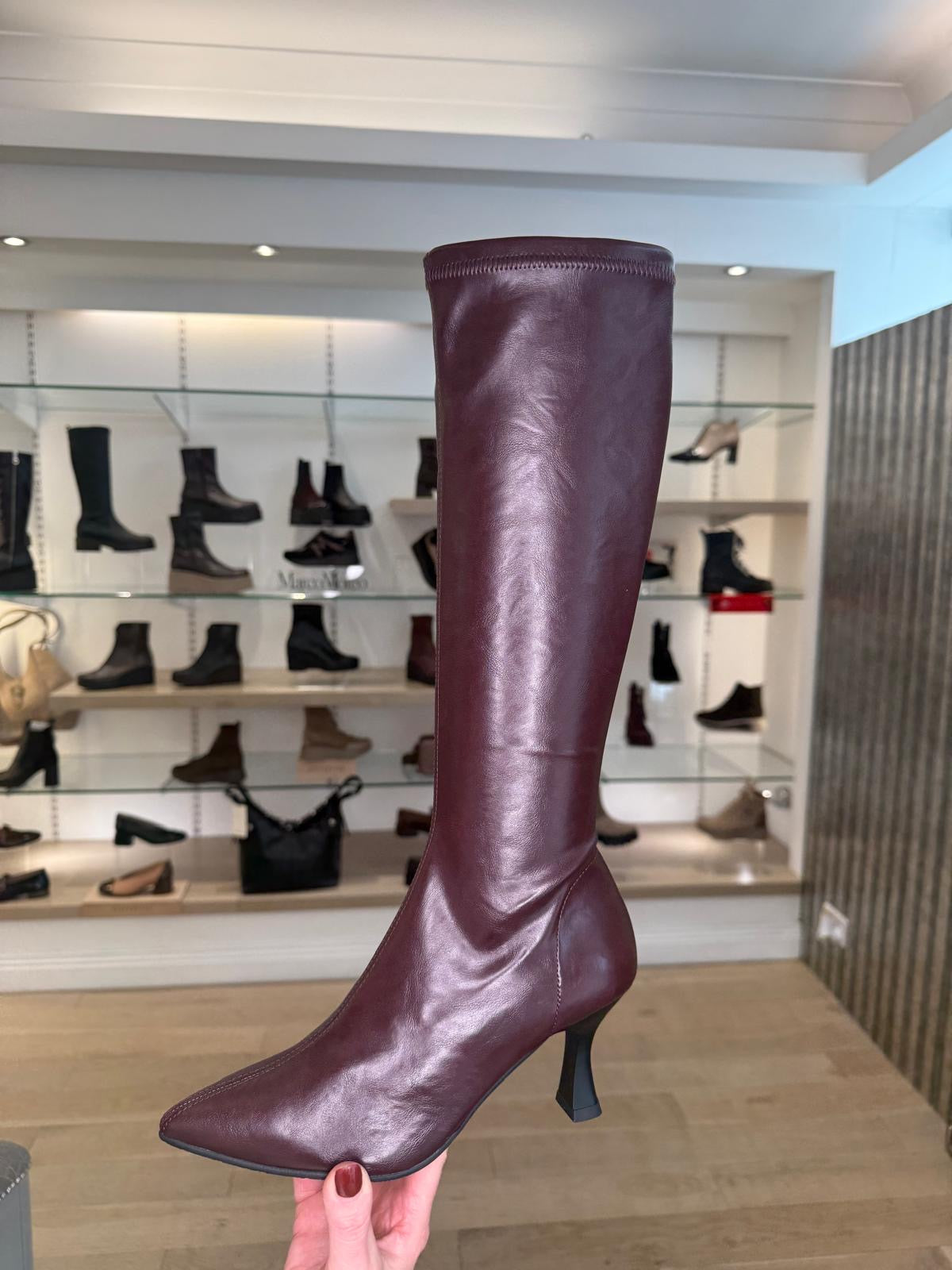 Miss Elastic - Long Pull On Wine Stretch Leather Pointy Toe Sock Boot