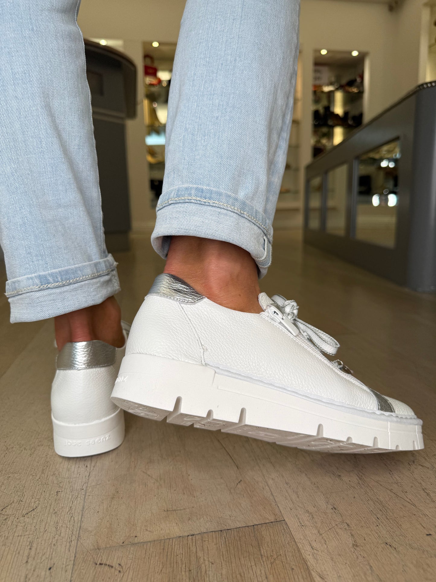 Jose Saenz - White Nappa Leather Lace Up Shoe With Silver Metallic Trim & Side Zip