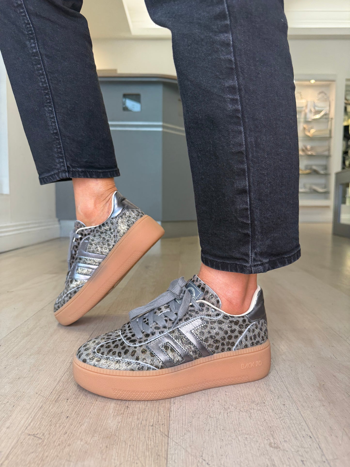 Back 70 - Cheetah Print Lace Up Gunmetal Flatform Trainer