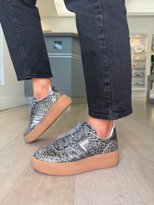 Back 70 - Cheetah Print Lace Up Gunmetal Flatform Trainer