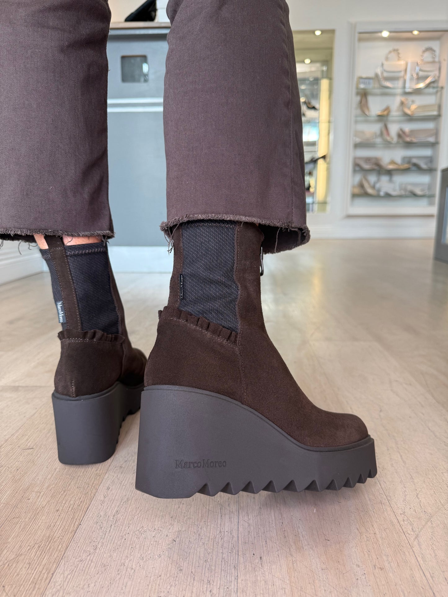 Marco Moreo - Rich Brown Suede Chunky Sole Wedge Boot With Frill Detail
