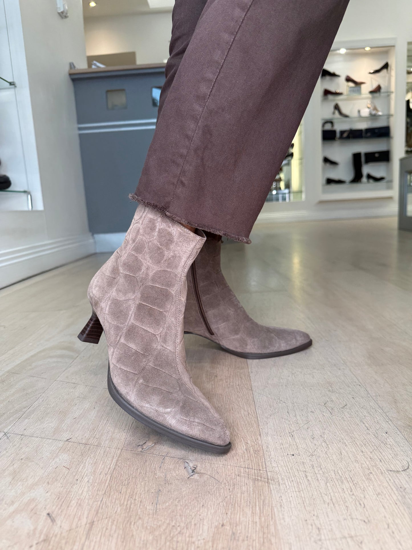 Unisa - Taupe Suede Croc Print Pointy Toe Boot