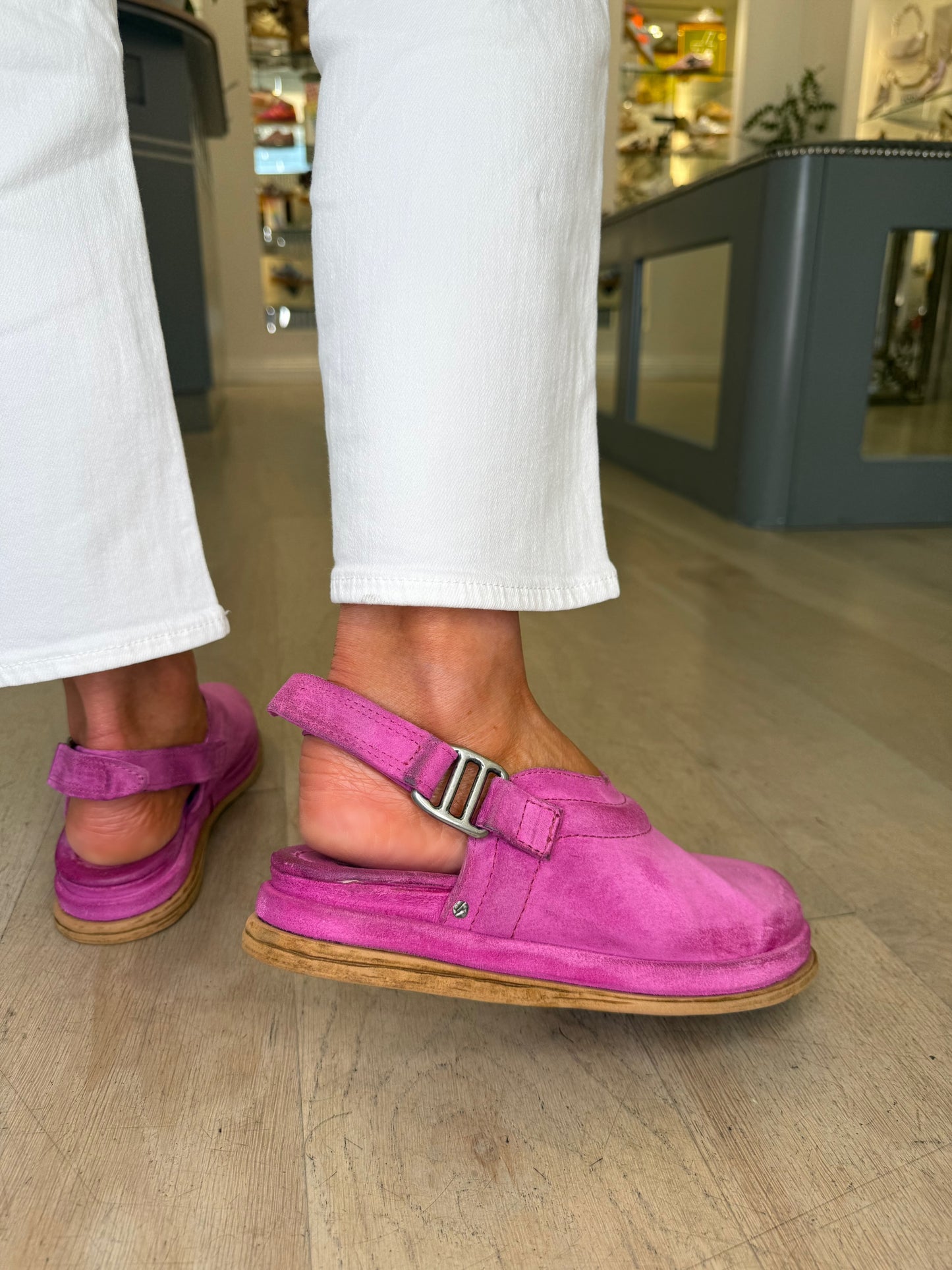 A.S.98 - Hot Pink Mule Skin Clog Mule With Velcro Backstrap