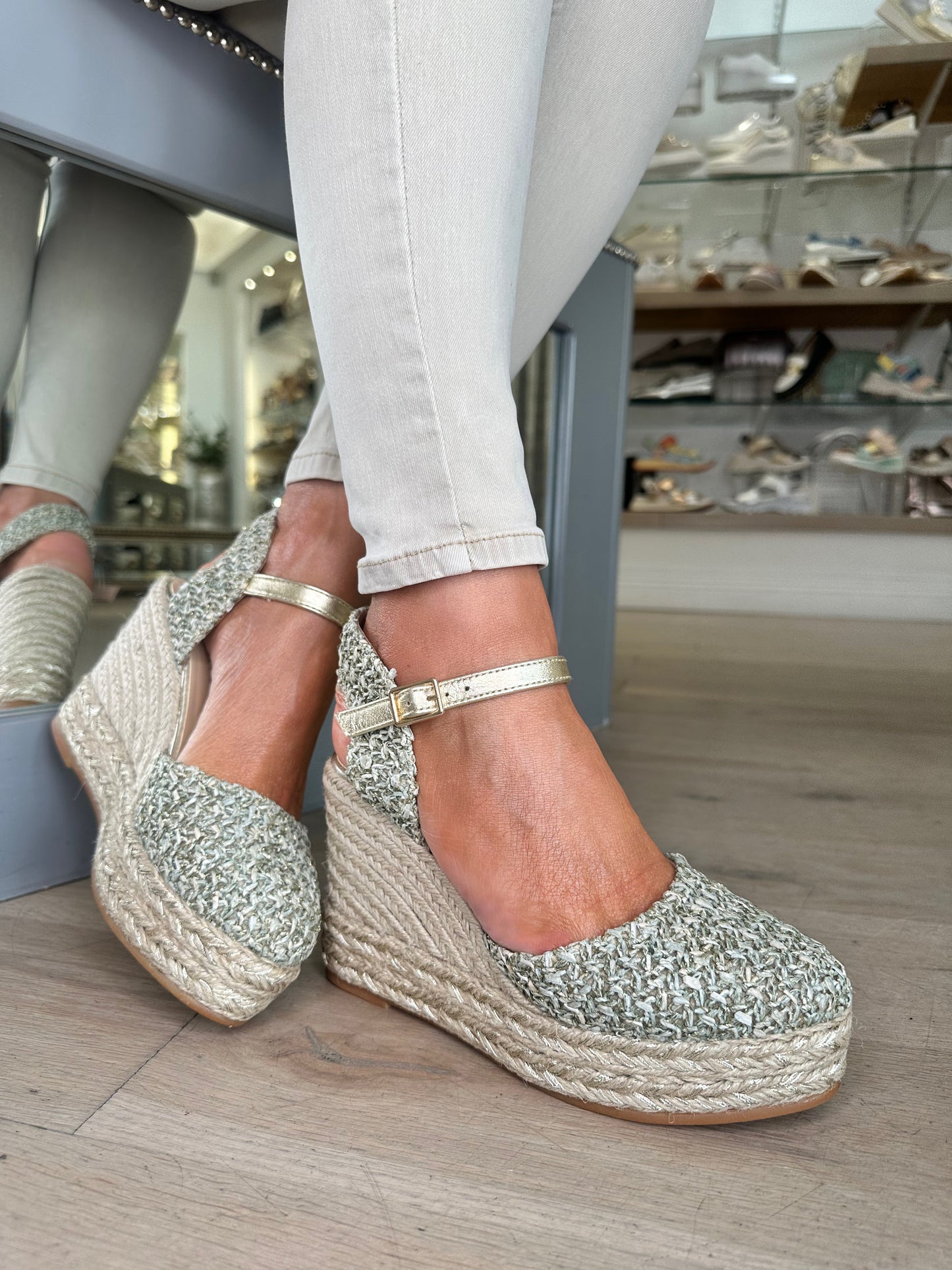 Gaimo - Khaki Tweed Mix Espadrille Wedge With Gold Trim