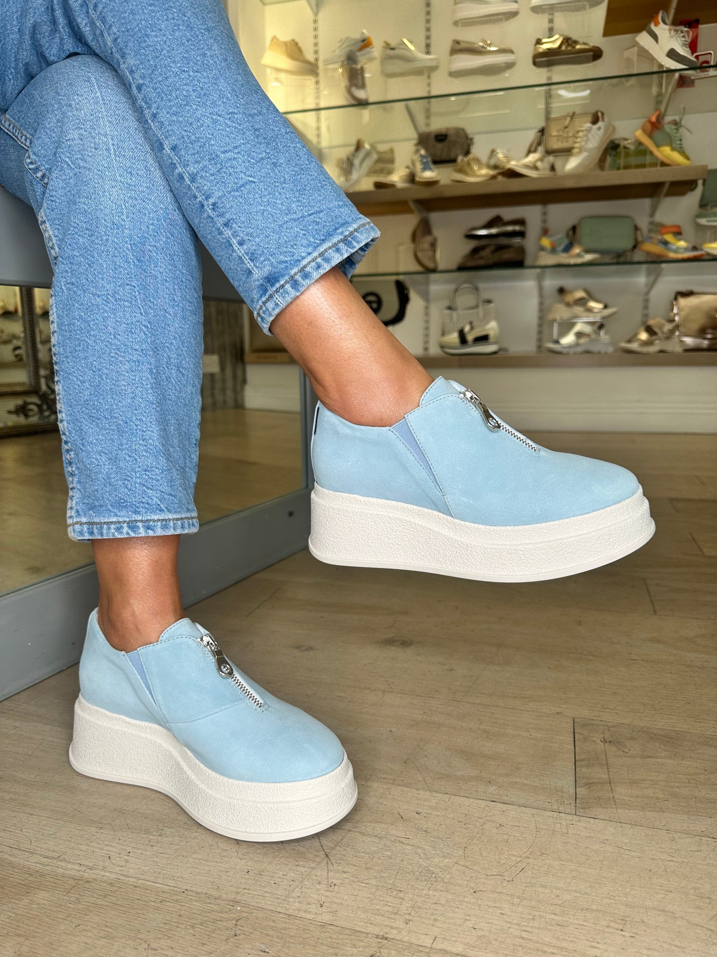 Marco Moreo - Sky Blue Suede Chunky Sole Shoe With Silver Zip