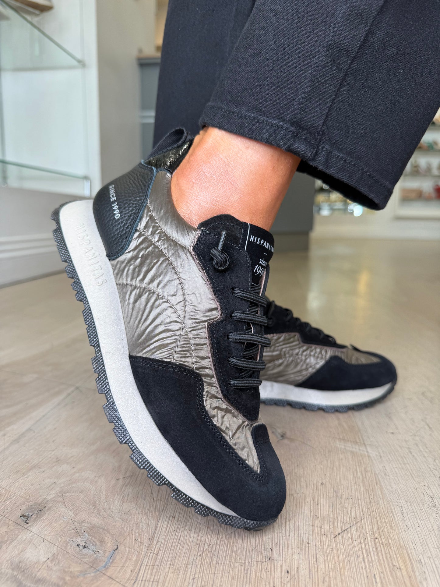 Hispanitas - Black Suede/ Taupe Padded Fabric Mix Pull On Trainer
