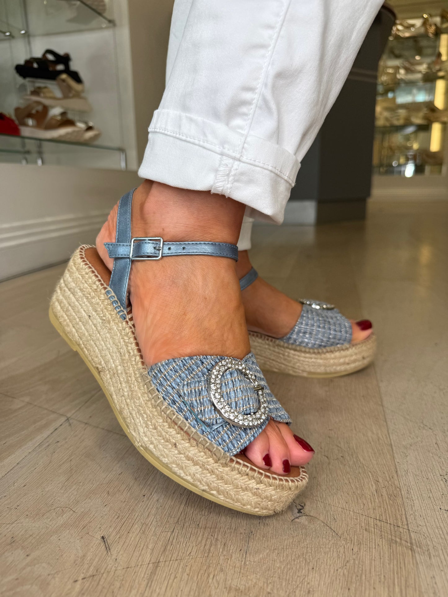 Viguera - Metallic Denim Blue Espadrille Wedge With Diamante Buckle Trim