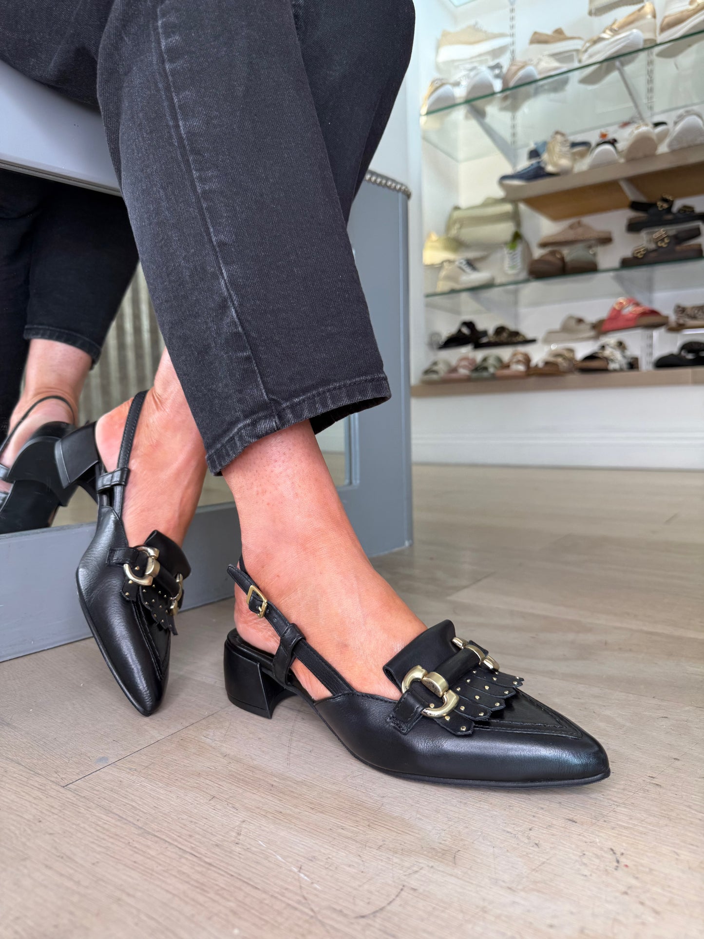 Mjus - Black Leather Pointy Toe Sling Back Shoe With Matt Gold Trim