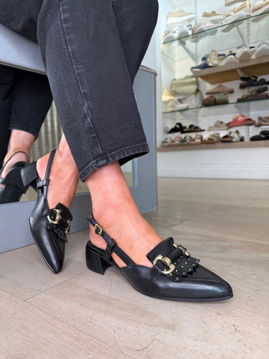 Mjus - Black Leather Pointy Toe Sling Back Shoe With Matt Gold Trim