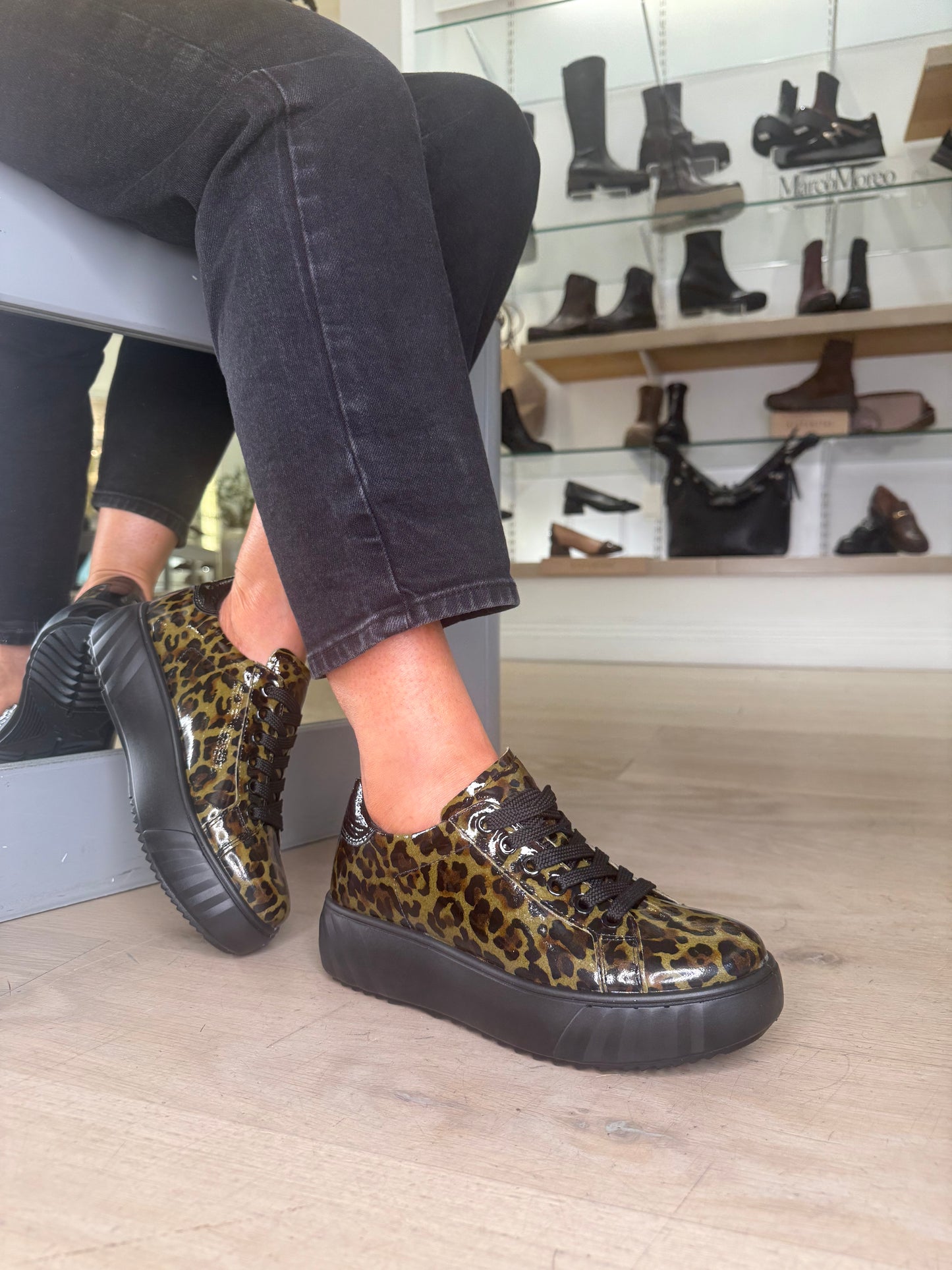 Ara - Monaco Green & Black Leopard Print Flatform Trainer