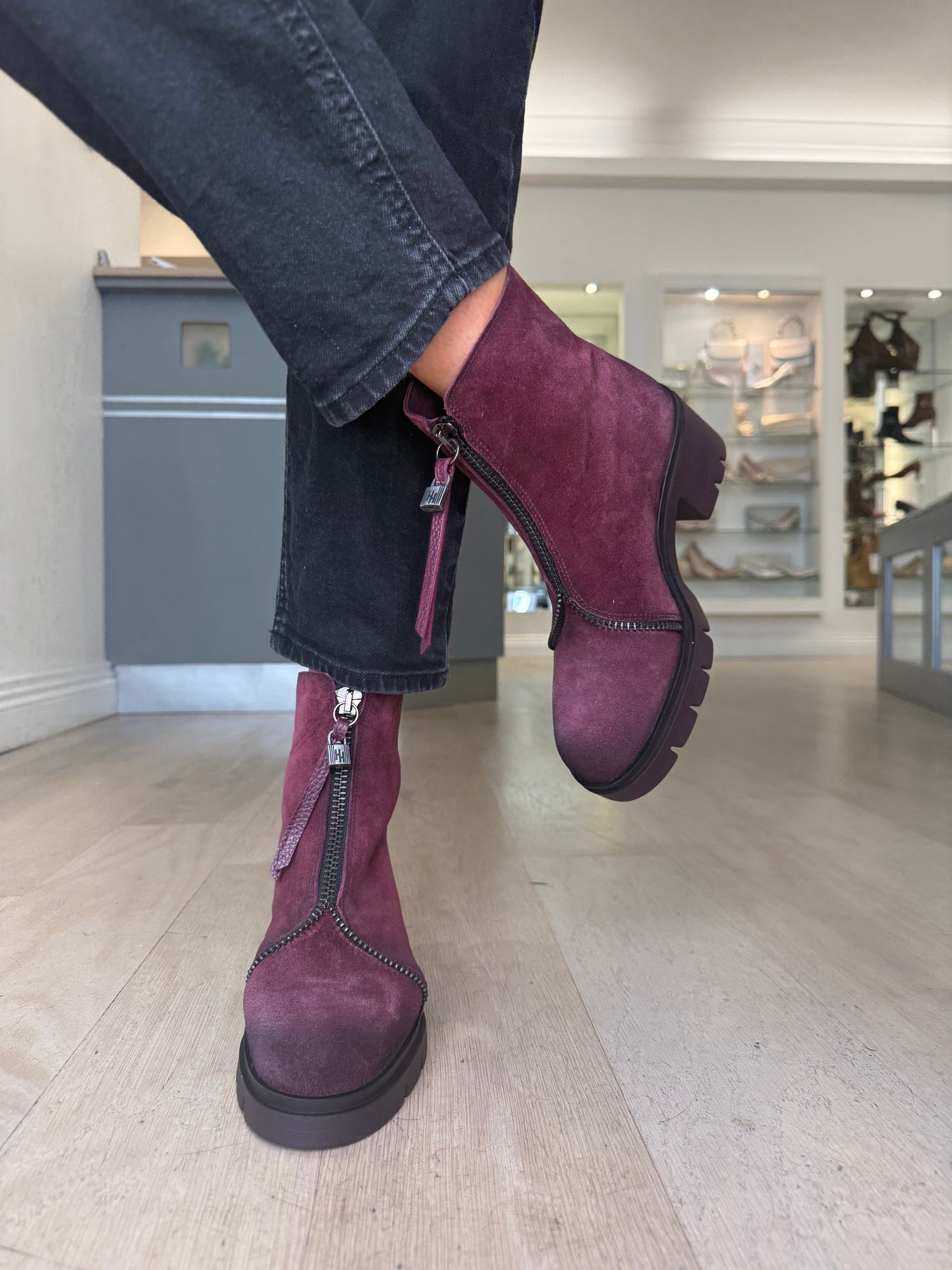 Hispanitas - Burgundy Distressed Suede Chunky Sole Boot With Zip Detail Trim